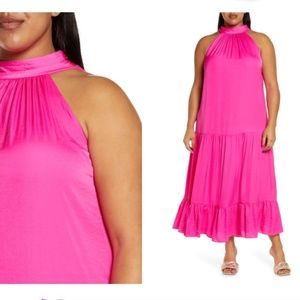 Vince Camuto Tiered Rumple Satin Maxi Dress 1X Barbie Pink